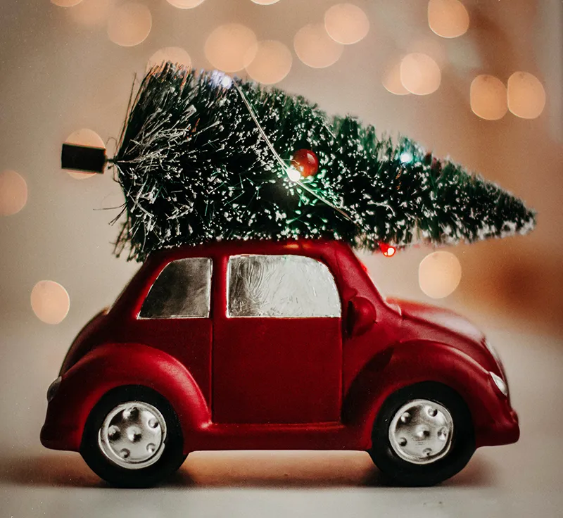 Toy car with christmas tree straped to the top