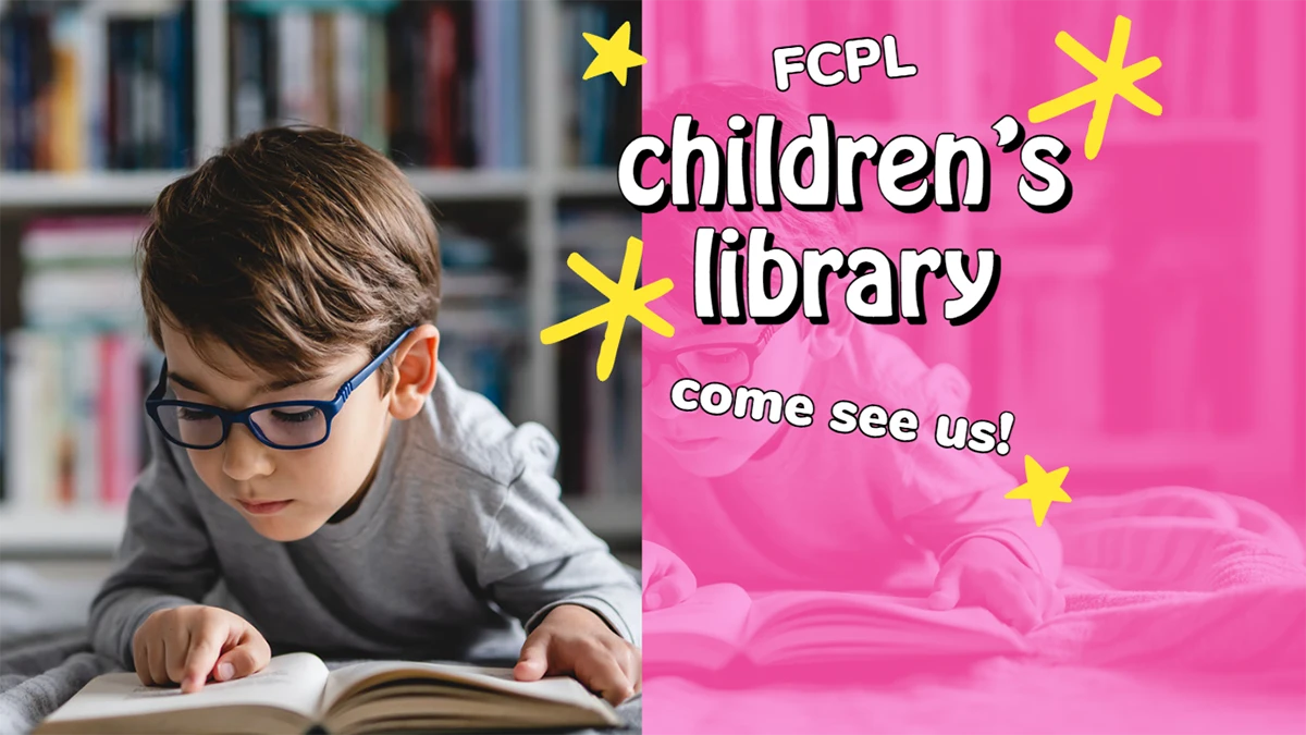 Young Boy with glasses reading a book. Fayette County Public Library: Children's Library. Come See Us!